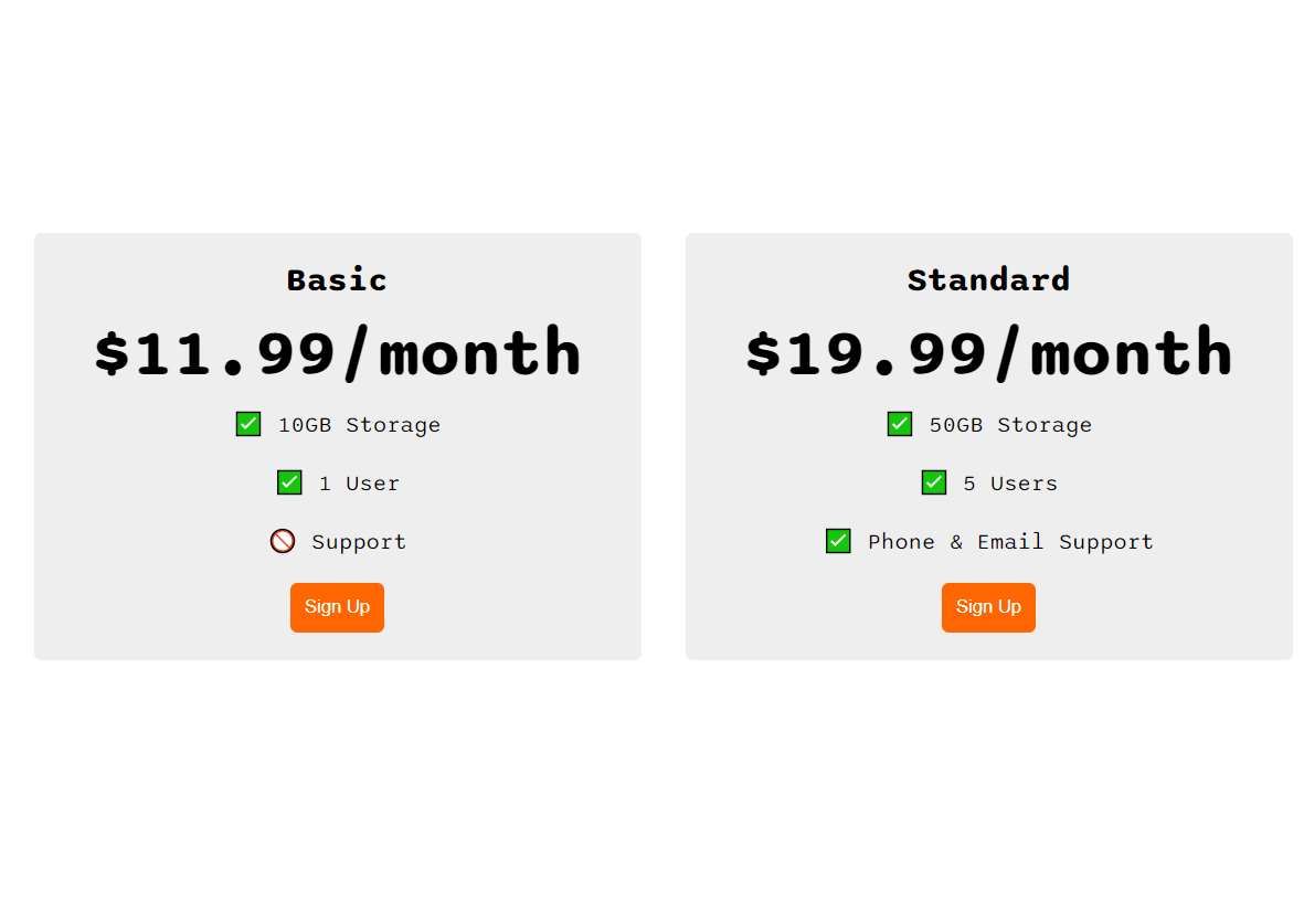 FLexbox pricing table project preview